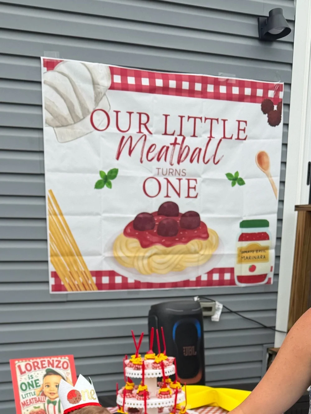 Our Little Meatball Turns One Birthday Backdrop - Red & White
